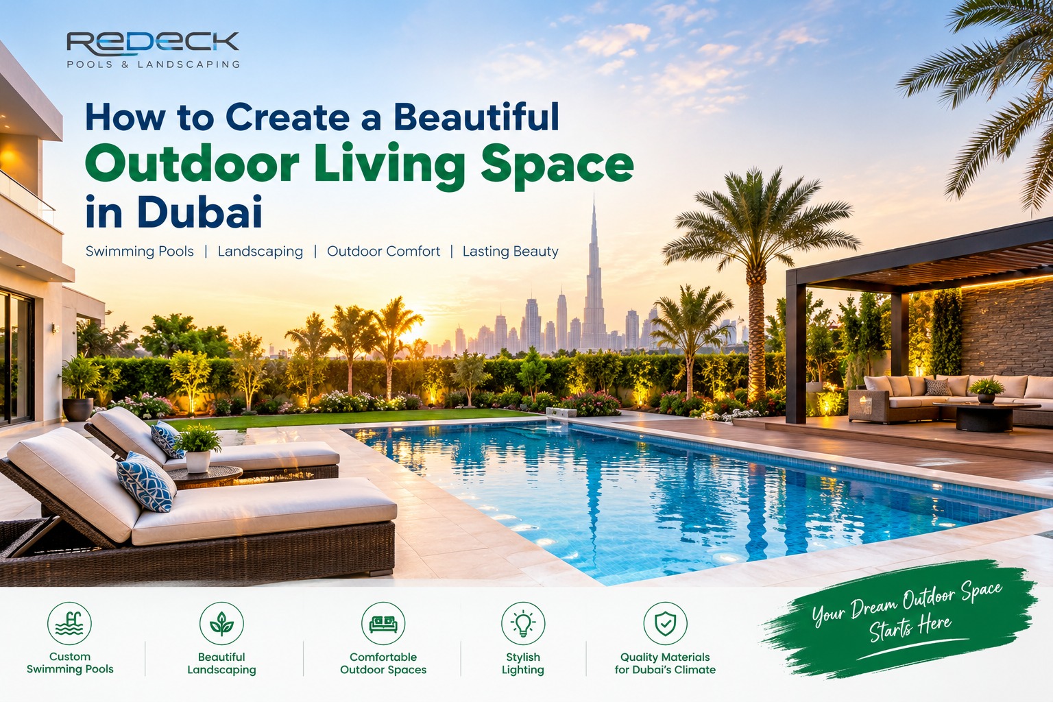 Luxury swimming pool and landscaped outdoor living space in Dubai Luxury swimming pool and landscaped outdoor living space in Dubai